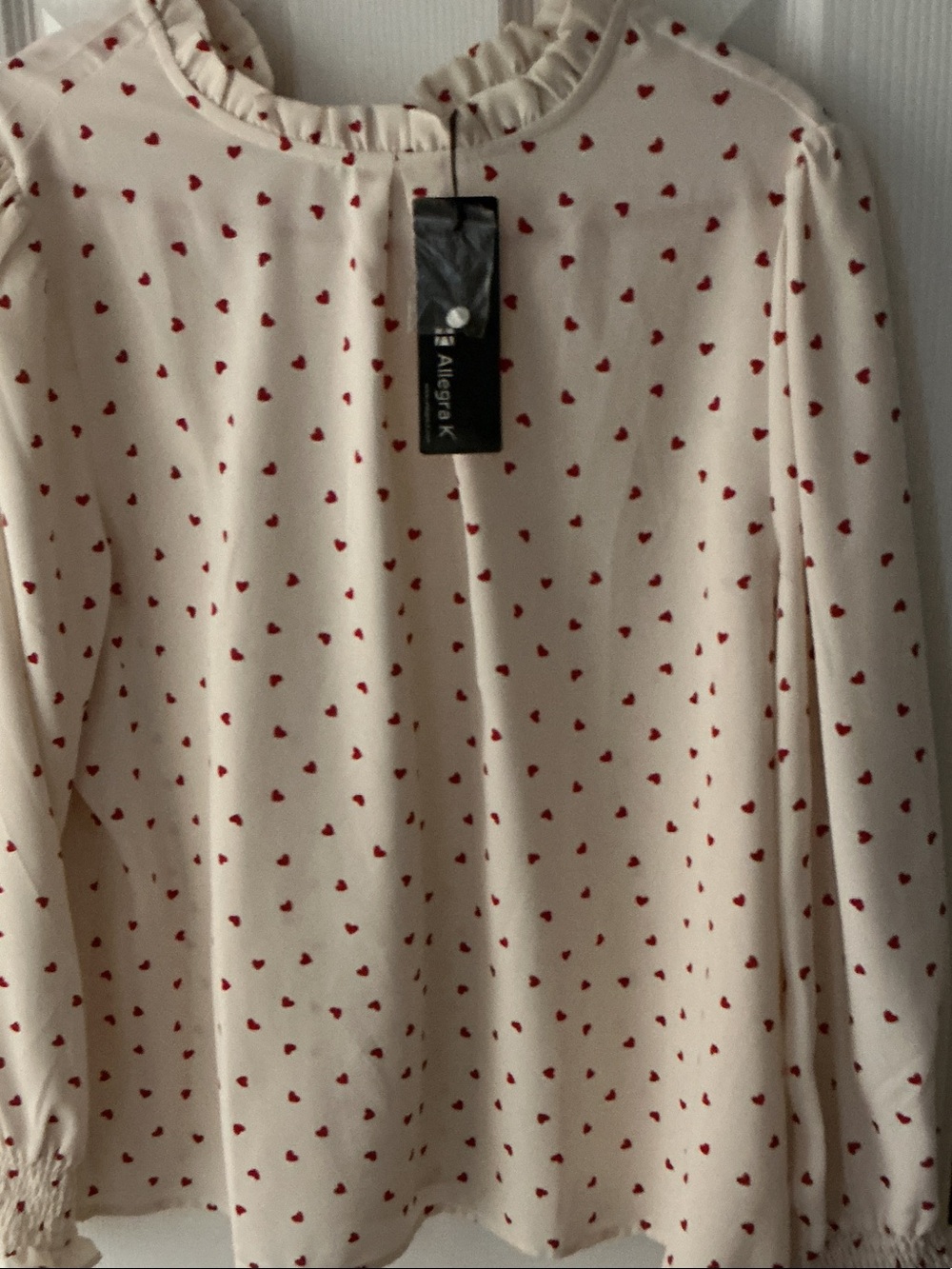 Allegra K Cream Blouse with Red Heart Print